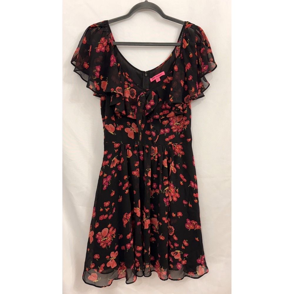 Betsey Johnson Floral Chiffon Flutter Sleeve Ruffle Dressβ Black Pink Womens 8